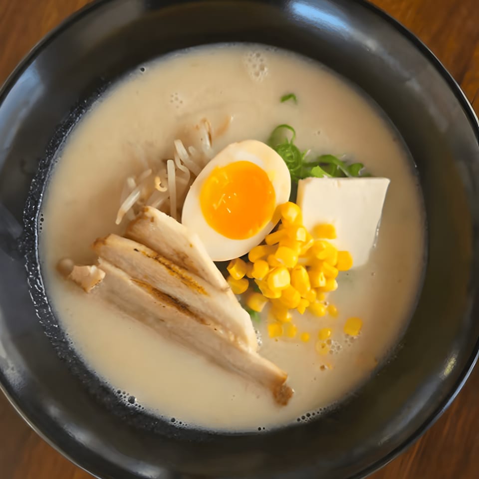 A close-up of Koji Ramen's tonkotsu ramen with chicken, corn, bean sprouts, tofu, and a soft-boiled egg.