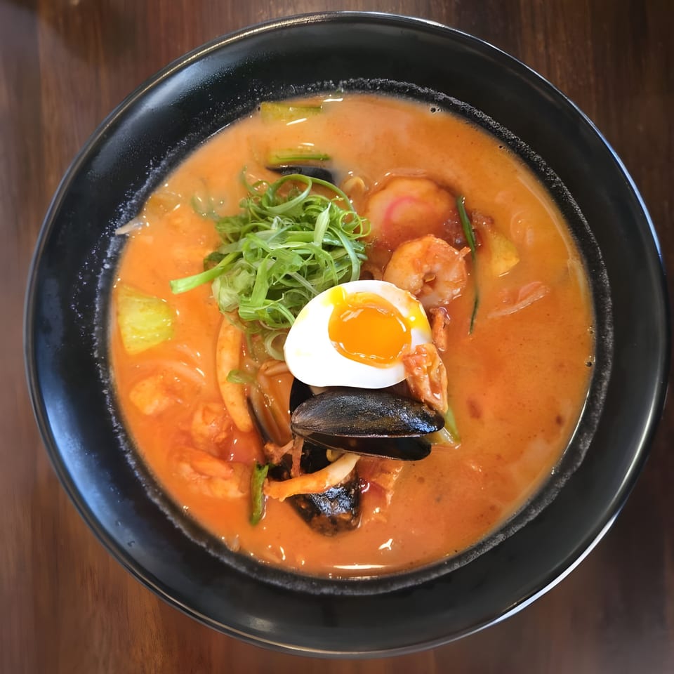 A black bowl of Koji Ramen's spicy seafood ramen with a soft-boiled egg and green onions.